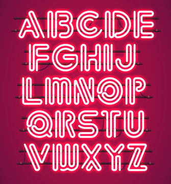 Glowing red Neon Alphabet with letters from A to Z. Shining and glowing neon effect. Every letter is separate unit with wires, tubes, brackets and holders.