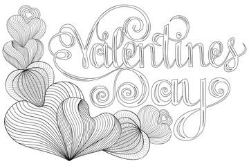 Happy valentines day Lettering, design elements for cards. Red, Pink Background With Ornaments, Hearts. Doodles curls.