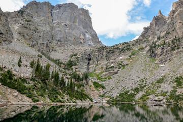 panoramic view of Emerald lake at the bottom of Hallett peak and Flattop Mountain 
Rocky Mountain National Park, Estes Park, Colorado, United States