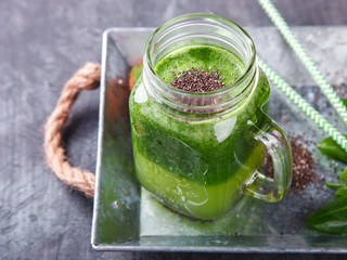 Smoothies of green vegetables and fruits.Kiwi,Apple,spinach,Chia seeds.Drink Concept of Healthy...