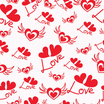 Seamless pattern in white and red with flying hearts and love