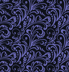 Seamless pattern. Vintage style background with floral ornaments. Abstract composition with purple elements on black backdrop. Illustration with an elegant design.