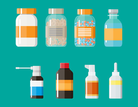 Set of medicine bottles with labels and pills
