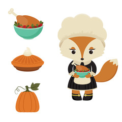 Thanksgiving day. Pilgrim female fox with roasted turkey.