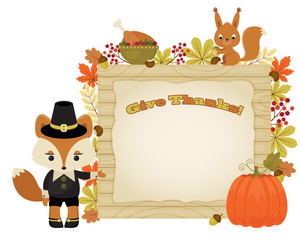 Fototapeta premium Beautiful Thanksgiving illustration with animals and autumn leav