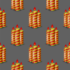 Red Yellow Wax Candles Seamless Pattern Isolated on Grey Background. Burning Candles Set.