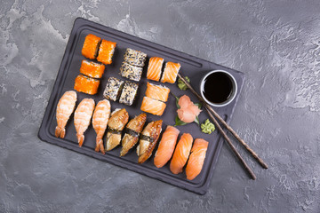 Set of sushi / sushi set on marble table. High angle