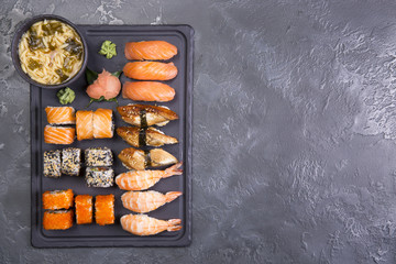 Set of sushi / sushi set on marble table. High angle