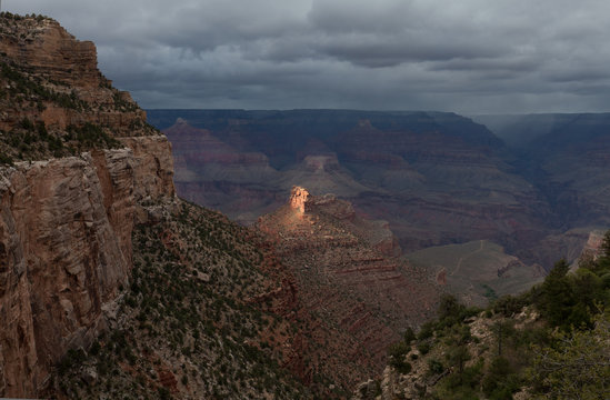 Bright Angel Trail view of Grand Canyon. This image was captured right after sunset, looking into the Grand Canyon from the Bright Angel Trail.