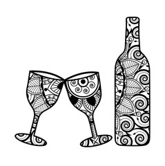 Vector illustration of a bottle and two glasses mandala for coloring, una bottiglia con due bicchieri mandala da colorare