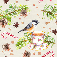 Bird, tea cup, pine tree branch. Repeating pattern. Watercolor