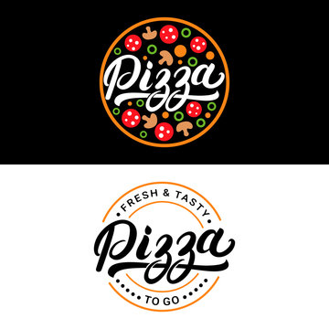Set of pizza hand written lettering logo, label, badge.