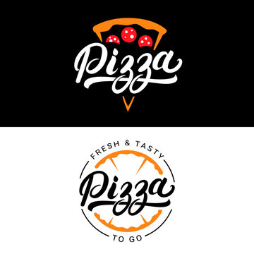 Set of pizza hand written lettering logo, label, badge.