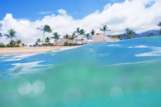 View Of A Beautiful Tropical Island Beach Resort From The Surface Of The Ocean Looking Back At A Secluded, Idyllic Beach With Palm Trees And Cabanas. Focus On The Surface Of The Water