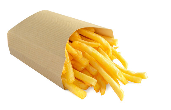 French fries in kraft paper box isolated on white background.