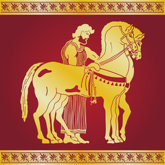 Greek style drawing. Warrior in tunic equips horses. Gold pattern on a red background.