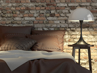 Schlafzimmer mit Bett, Doppelbett und Ziegelwand