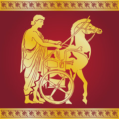 Greek style drawing. Warrior in tunic equips horses. Gold pattern on a red background.