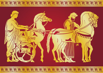 Fototapeta na wymiar Greek style drawing. Warriors in tunic equips horses. Gold pattern on a red background.