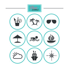 Cruise trip, ship and yacht icons. Travel signs.