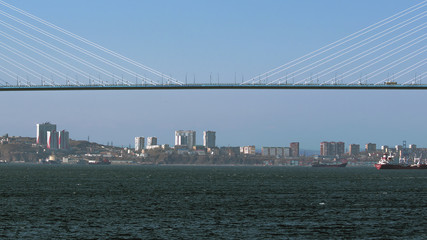 View of Vladivostok from the sea, from under the Golden bridge