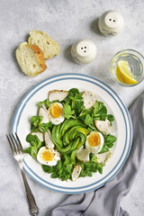 Green salad with chicken,avocado and eggs.Top view.