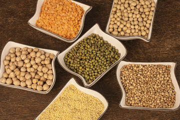 Healthy seeds: mung beans, red lentils, millet, buckwheat, soybeans, chickpeas