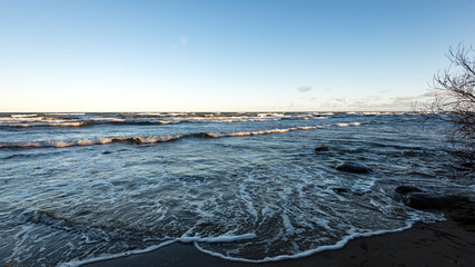 rocky sea beach with wide angle perspective