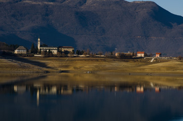 reflection on monastery in water 