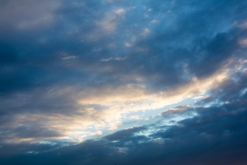 Evening blue sky with clouds at sunset.