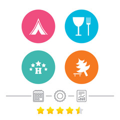 Food, hotel, camping tent and tree signs.