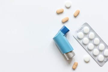 concept asthma and treatment on white background top view