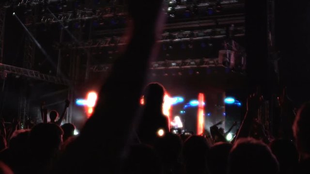 Lights flashing on stage, silhouettes of audience moving to music, waving hands
