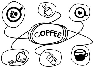 abstract hand draw doodle line in coffee concept on white background, vector, illustration, cartoon style