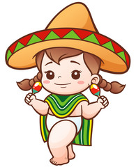 Vector Illustration of Cartoon Cute Baby Girl wear Mexican