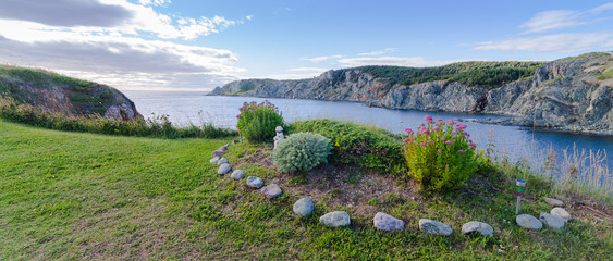 Garden by the sea in Twillingate, Newfoundland.   Simple flower and shrub garden in summer at the top of a cliff near the ocean's edge in a Newfoundland village. - 131766775