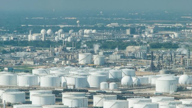 Panning Across the Vast Oil Refineries and Chemical Plants of Deer Park Industrial Area in Houston TX on a Warm and Sunny Texas Day