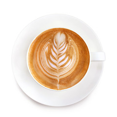 Top view latte art coffee on white background