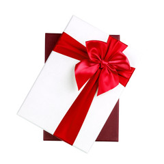 White gift Box with red ribbon Isolated on white background