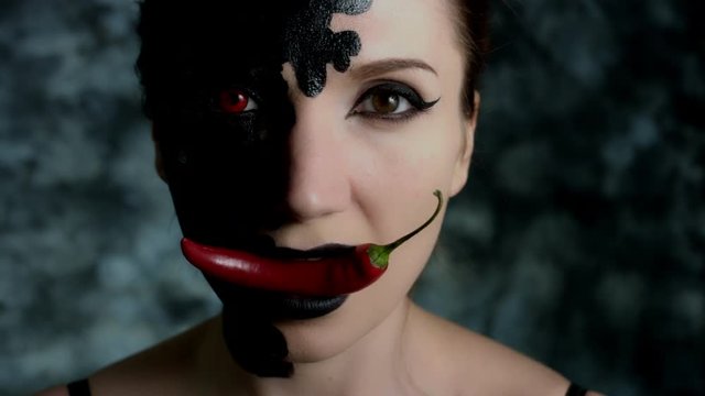 4k Shot of a Woman with Halloween Make-up with Chilli Pepper in Mouth