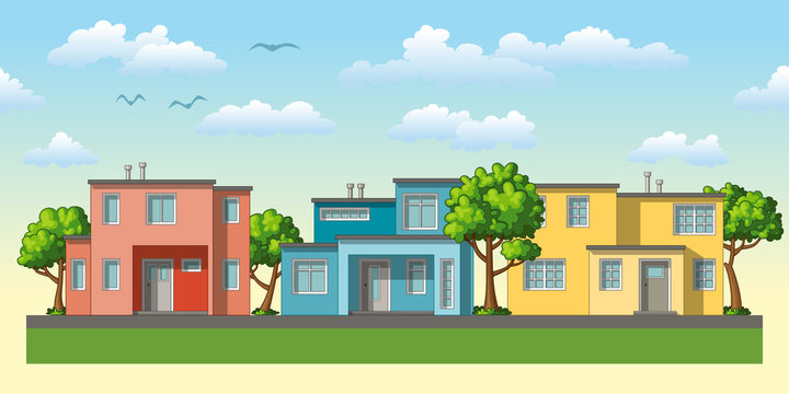 Illustration of modern family housees with trees
