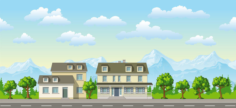 Illustration of a classic family house with trees