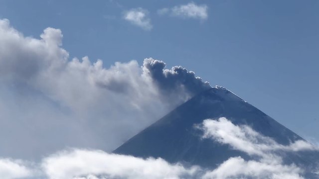 Explosive-effusive eruption of the Klyuchevskaya Sopka (Klyuchevskoy Volcano). The volcano constitutes a potential hazard to international and local airlines at Kamchatka Peninsula. Far East, Russia.