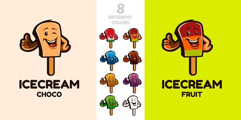 Funny Ice Cream Character. Ideal for food, cafe and ice cream business logo. 8 different colors.