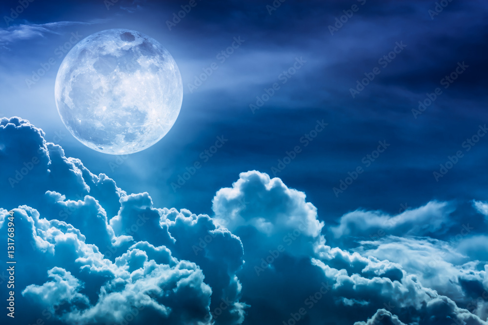 Poster nighttime sky with clouds and bright full moon with shiny.
