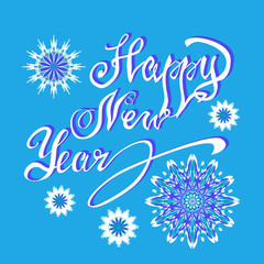 Fototapeta na wymiar Happy New Year lettering Greeting Card. Vector illustration. Blu