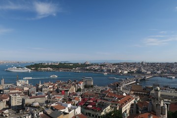 Fototapeta na wymiar Cruise Ship Near Topkapi Palace at the Golden Horn - Bosporus - in Istanbul, Turkey