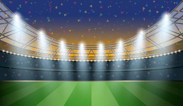 Soccer Stadium with spot light and confetti background. Football Arena. Vector illustration.