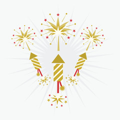 Abstract golden and red rocket firework and blasts on off white background
