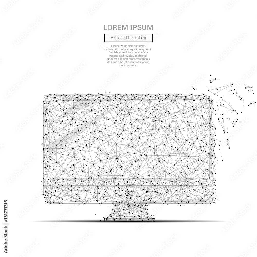 Poster Grey COMPUTER with polygon line on black abstract background. Polygonal space low poly with connecting dots and lines. Connection structure. Vector science background.